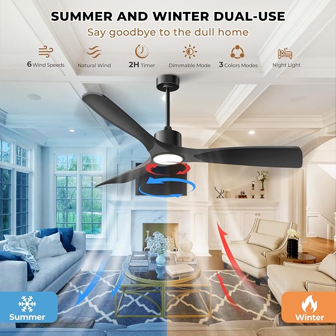 Ceiling Fans with Lights, Ceiling Fans with Lights and Remote Control, 52 inch Black Modern Smart Ceiling Fan with Light, Outdoor Ceiling Fans for Patios 3 Blade Bedroom Living Room（Black）