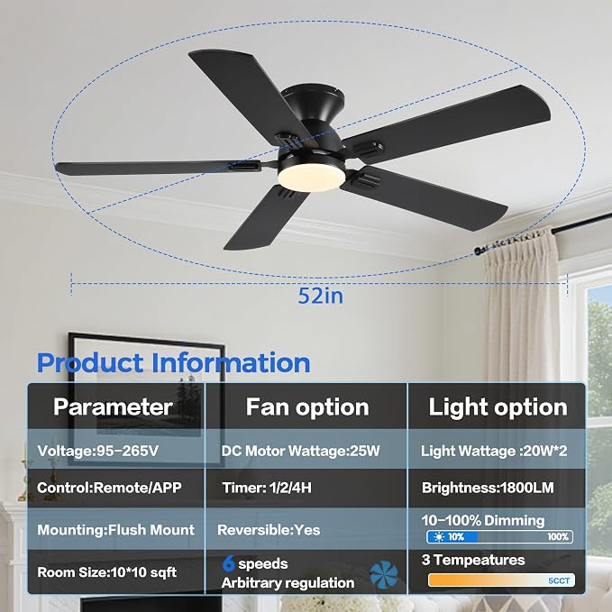 Ayaoty Ceiling Fan with Light - 52" Black Flush Mount Fandliers | 3CCT Dimmable, Reversible, Low Profile Fan Light for Indoor Modern Bedroom, Kitchen