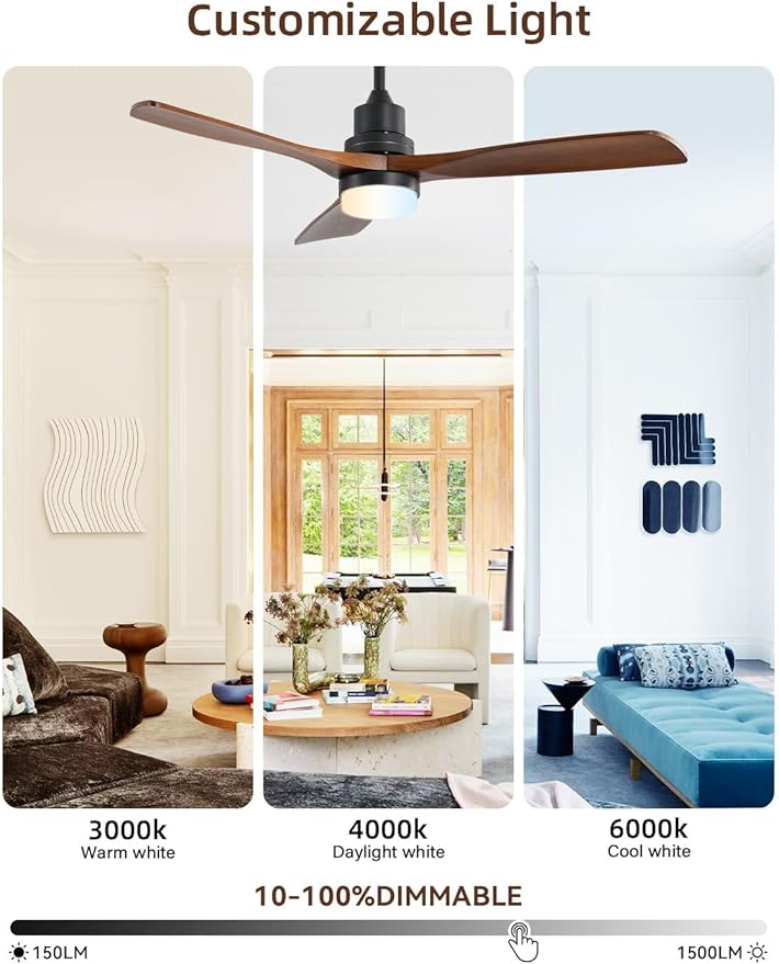 Sofucor 52 Inch Smart Ceiling Fan with Lights, Brown Black | Alexa/APP/Remote Control, Modern 3 Solid Wood Blades, 3CCT, Dimmable, Bedroom Living Room Farmhouse Patio