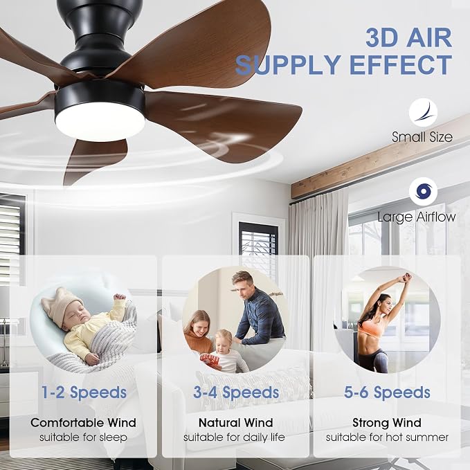 PHORUS 30" Small Brown Low Profile Ceiling Fans with Lights and Remote | Super Large Airflow with 6 Wind Speeds, Reversible, Dimmable 3 CCT LED, 30W Noiseless DC Motor,Timer, for Bedroom Kitchen