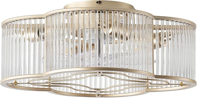 20" Gold Crystal Ceiling Fan with Light, Crystal Flush Mount Ceiling Fan with Light Remote Control, Caged Enclosed with 6 Speeds for Bedroom, Living Room, Foyer, Nursery (Clear)