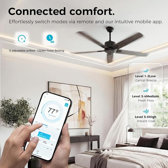 Obabala 52 Inch Ceiling Fan No Light, Modern Black Ceiling Fan Without Light with Remote & APP, Quiet Reversible DC Motor, 6-Speeds, for Living Room, Bedroom, Patio (Black+Brown)