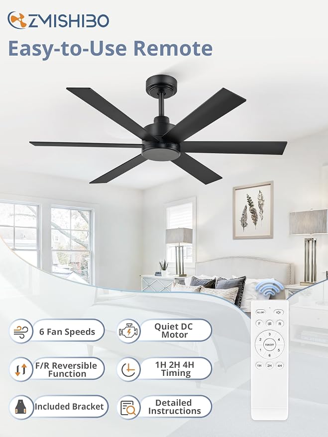 ZMISHIBO 48 Inch Ceiling Fan No Light, Black Ceiling Fan Without Light, 6 Blades, Quiet Reversible DC Motor, 6-Speeds, Modern Ceiling Fan for Living Room, Bedroom, Patio, Indoor/Outdoor Use