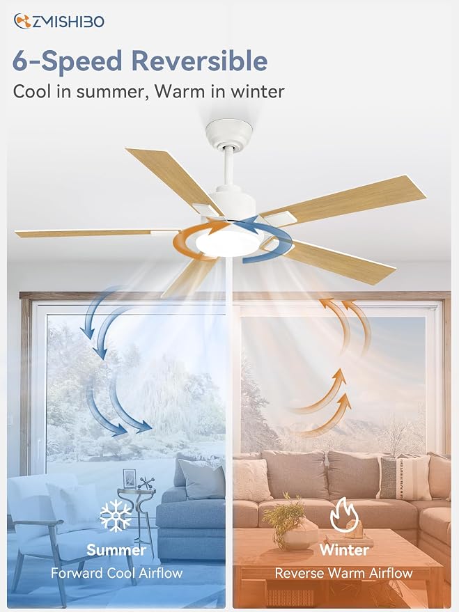 ZMISHIBO 52 inch White Ceiling Fans with Lights and Remote, Indoor/Outdoor Modern Ceiling Fan for Bedroom Living Room Patio, 6 Speed Reversible Quiet DC Motor, 3 CCT, Dual Finish Blades