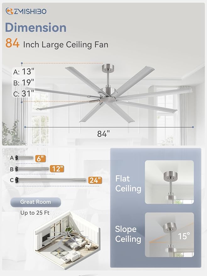 ZMISHIBO 84 Inch Industrial DC Motor Ceiling Fan, Large Ceiling Fan with 8 Reversible Blades, 3 Downrods, 6-Speed Remote Control, Home or Commercial Ceiling Fans for Porch/Garage/Shop, Nickel