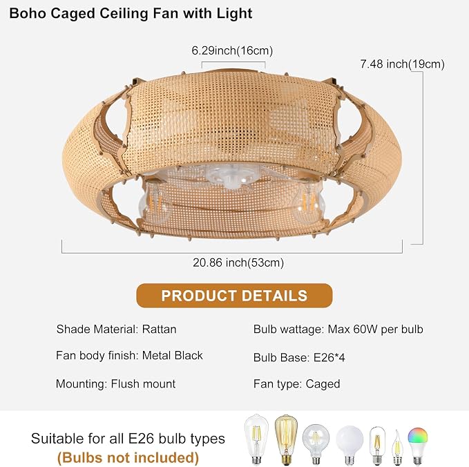 Ganeed 20.86" Boho Caged Ceiling Fan with Lights and Remote, Flush Mount Low Profile Rattan Ceiling Fans with Lights, Enclosed 6 Speeds Farmhouse Woven Ceiling Fan for Bedroom, Living Room, Kitchen