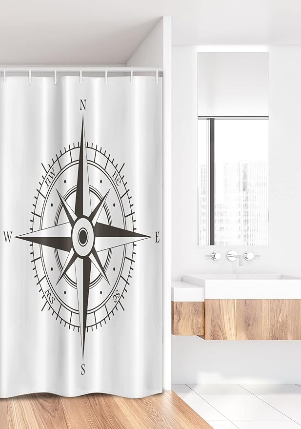 Ambesonne Compass Stall Shower Curtain, Wind Rose Old Fashion Navigational Equipments Orienteering Illustration Print, Fabric Bathroom Decor Set with Hooks, 36" W x 72" L, Evergreen White
