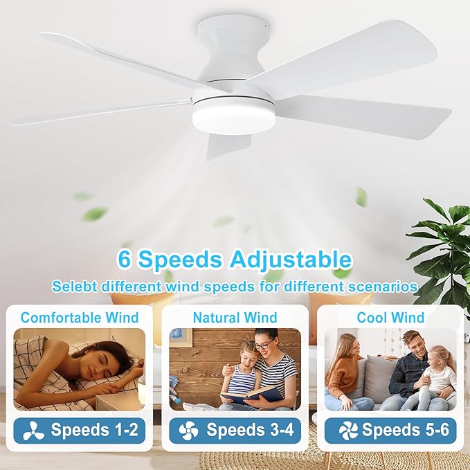 Depuley Modern Ceiling Fan with Light: 42-Inch White Small Fans for Bedroom Indoor Outdoor - Dimmable Low Profile Ceiling Fans with Remote Control Flush Mount 5 Reversible White Blades 6 Speeds Timer