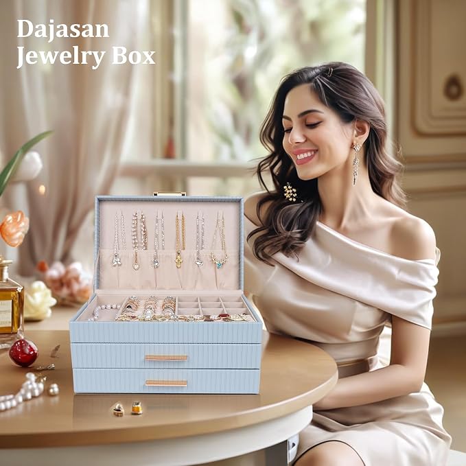Dajasan Jewelry Box Organizer, 3-Tier Jewelry Storage with 2 Drawers, Large Jewelry Boxes for Women, PU Leather Surface with Texture, Gift Idea, Modern Style, 10.71 x 7 x 5.6 Inches (Smoky Blue)