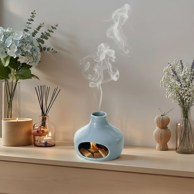Handmade Ceramic Incense Bowl with Palo Santo Chimney Burner & Aroma Holder for Sage, Incense Sticks, Meditation, Yoga, Relaxation, Heat-Resistant Base Home Decor