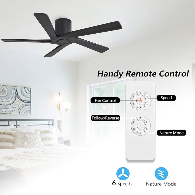 WINGBO 54 Inch Flush Mount DC Ceiling Fans without Lights, 5 Carved Solid Wood Blades, 6-Speed Reversible DC Motor, Low Profile Hugger Ceiling Fan No Lights for Indoor and Outdoor, Matte Black