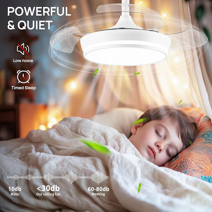 STERREN 30" Retractable Ceiling Fans with Lights, Dimmable LED Ceiling Fan Remote Control, Modern Small Fan Light for Bedroom Living Room Dinning Room Kitchen, 3000K-6500K, 6 Speed (White)