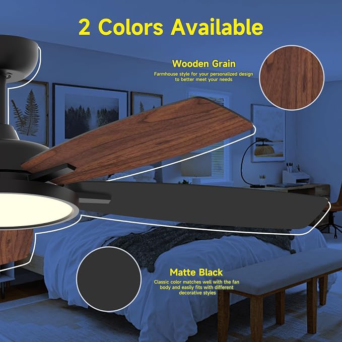 Roomratv 52 Inch Smart Ceiling Fan with Light,App Control,Ultra Silent Reversible DC Motor Fan Remote Control Compatible with Alexa Google home（black）