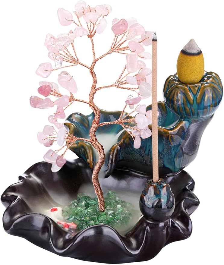 Jovivi Backflow Incense Burner Ceramic Incense Waterfall, Natural Rose Quartz Healing Crystal Money Tree Incense Holder for Wealth, Good Luck, Yoga Meditation, Home Decor