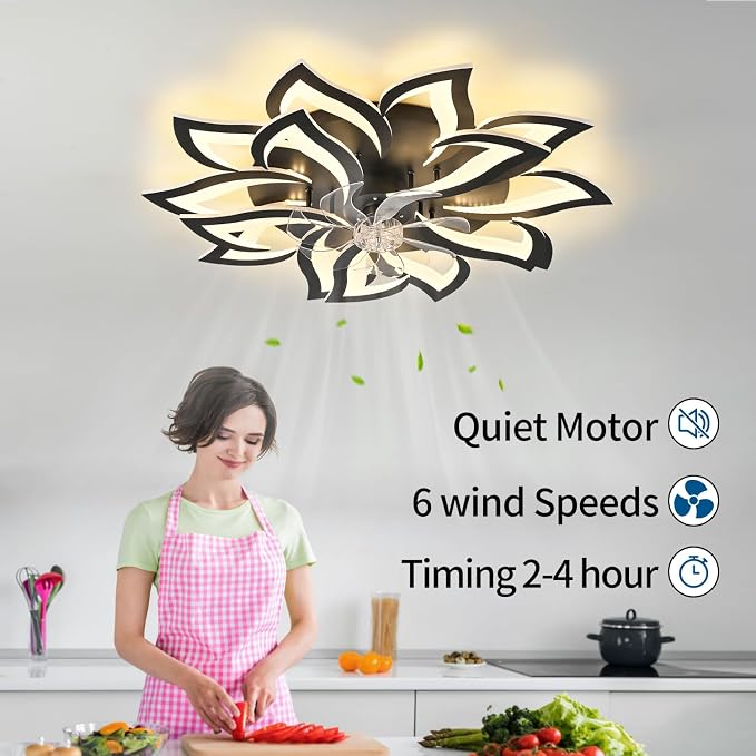 15Leaves-Black Flower Modern CeilingFans with Lights, Low Profile Ceiling Fan with Remote for Bedroom, Flush Mount Ceiling Fan with LED Dimmable Light,6-Speeds, Timing CeilingFan Light