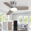42 Inch Ceiling Fans with Lights and Remote, Bedroom Living Room Office, Flush Mount, 6CCT Dimmable, Dual Color 3 Blades 6 Speed Reversible Quiet DC Motor, Chrome-Plated/Wood Grain