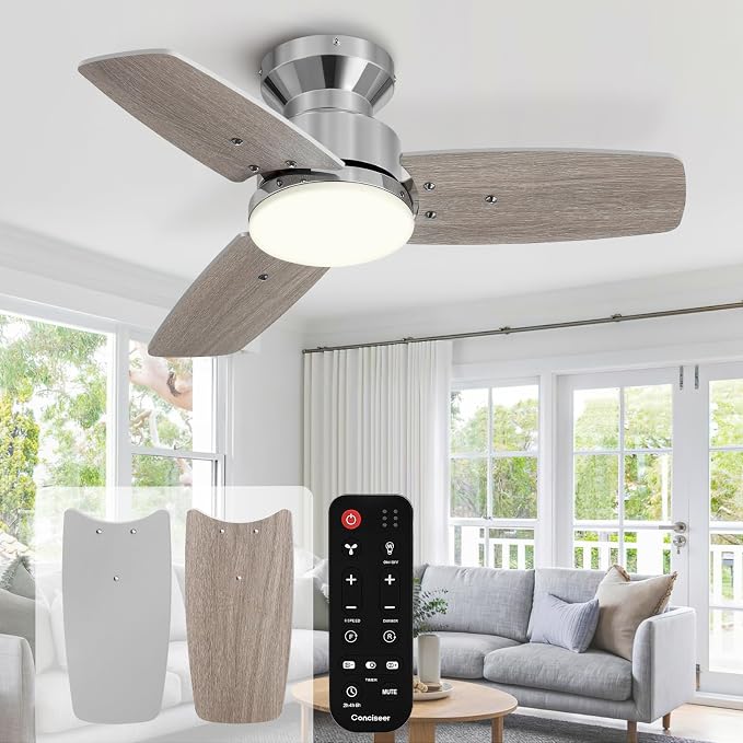 42 Inch Ceiling Fans with Lights and Remote, Bedroom Living Room Office, Flush Mount, 6CCT Dimmable, Dual Color 3 Blades 6 Speed Reversible Quiet DC Motor, Chrome-Plated/Wood Grain