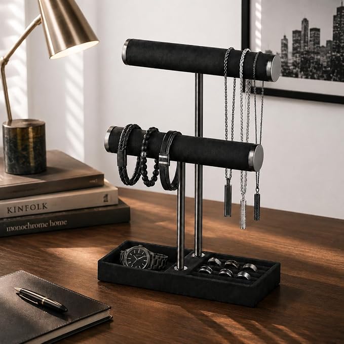 bussdis 2 Tier Bracelet Holder Display, Necklace Holder Organizer, Black | Velvet Necklace Holder | Jewelry Tree | Jewelry Towers | Jewelry Stand Organizer for Necklaces, Bracelets, Earrings, Rings