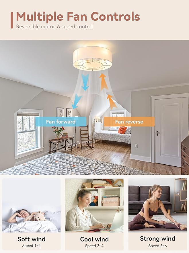 Low Profile Ceiling Fans with Lights, 20" Boho Rattan Ceiling Fan with Light Flush Mount and Remote Control, Drum Caged with 6 Speeds for Bedroom, Nursery, Living Room