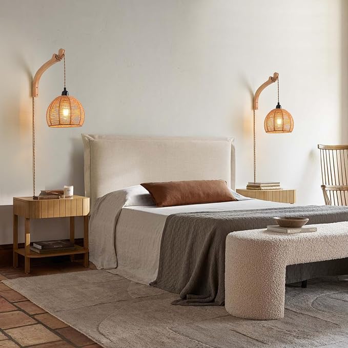 Plug in Wall Sconce,Farmhouse Wicker Wall Lamp Plug in,Hand Woven Rattan Wall Light Farmhouse Rustic Boho Sconces Wall Lighting for Living Room Bedroom
