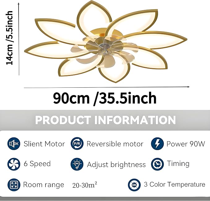 35" Ceiling Fans With Lights and Remote, Low Profile Flush Mount | Ceiling Fan Lights With 6 Speed 3 Colors Dimmable, For Bedroom Living Room, Quiet, Reversible Motor, Timing Gold