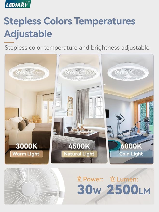 LEDIARY 20" Bladeless Ceiling Fan with Light,Low Profile LED Ceiling Fans with Remote & Smart APP Control,Modern Enclosed Flush Mount Fandelier with Timming,6 Speed,3000-6000K,Bedroom,Kids Room-White