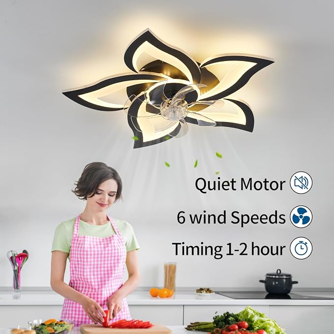 Black Flower Modern CeilingFans with Lights, Low Profile Ceiling Fan with Remote for Bedroom, Flush Mount Ceiling Fan with LED Dimmable Light,6-Speeds, Timing CeilingFan Light