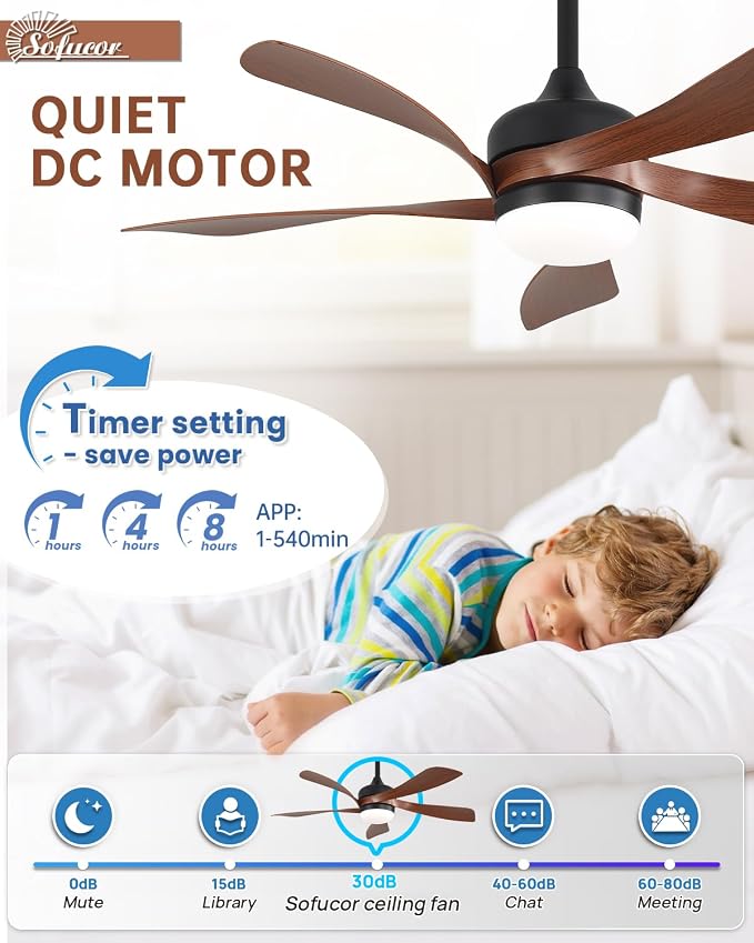 Sofucor 42" Smart Ceiling Fan, Indoor/Outdoor Ceiling Fans with Lights and Remote, Compatible with Alexa/Google/App, 3-Color Light 6-Speed Timing Reversible DC Motor for Bedroom Living Room Patio
