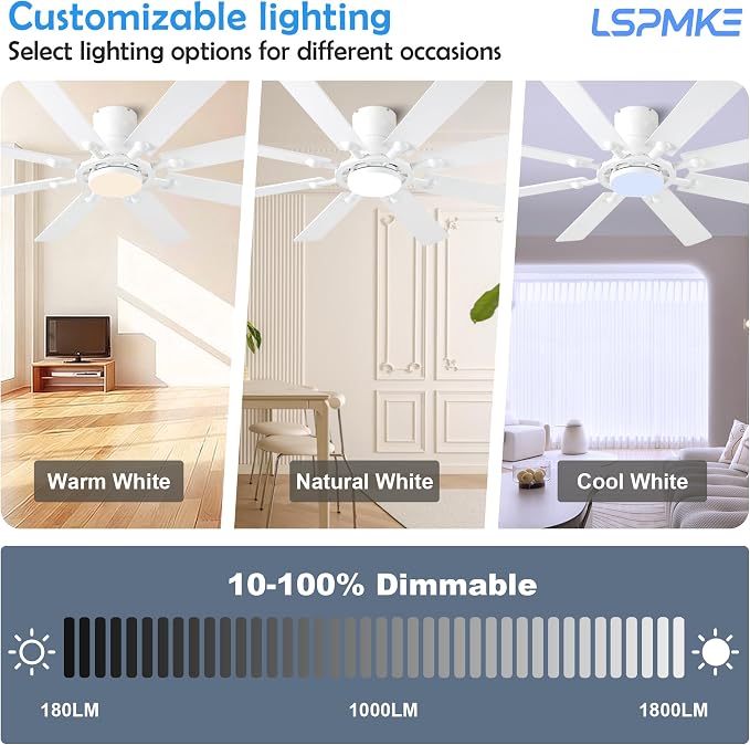 Ceiling Fans with Lights, 54 inch Low Profile Ceiling Fan with Light and Remote Control, Flush Mount Ceiling Fan for Bedroom, Living Room, Reversible, 3CCT, Dimmable, Noiseless DC Motor, White