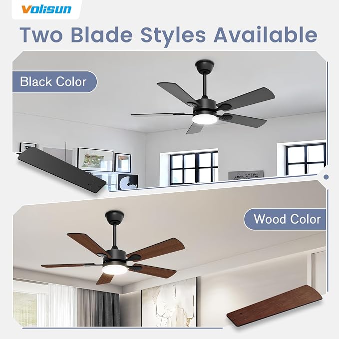 VOLISUN Ceiling Fan with Light, 42 inch Flush Mount Ceiling Fan with Lights and Remote, Dimmable LED Fan Light, Low Profile Ceiling Fan, Black Modern Ceiling Fan for Bedroom, Indoor/Outdoor