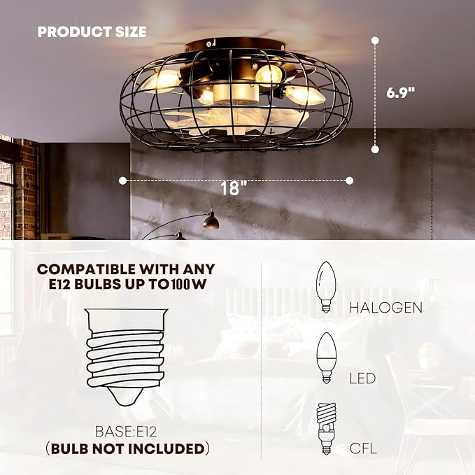 Ceiling Fan with Lights, 18 Inch Caged Ceiling Fan Lights Remote Control Small Industrial Ceiling Fan Light Fixture Flush Mount Farmhouse Light 8 Speeds Bladeless Lights for Bedroom Kitchen