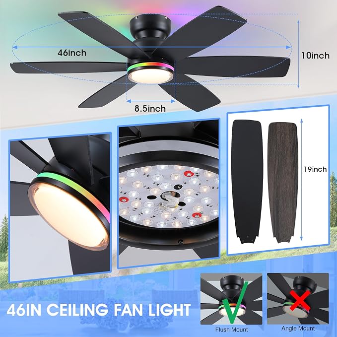 Kviflon 46" Ceiling Fans with RGB Lights, Low Profile Ceiling Fan with Remote/APP Control, Flush Mount, Double-Sided 6 Reversible Blades, RGB+3CCT Dimmable Lights, Double Lampshade for Bedroom, Black
