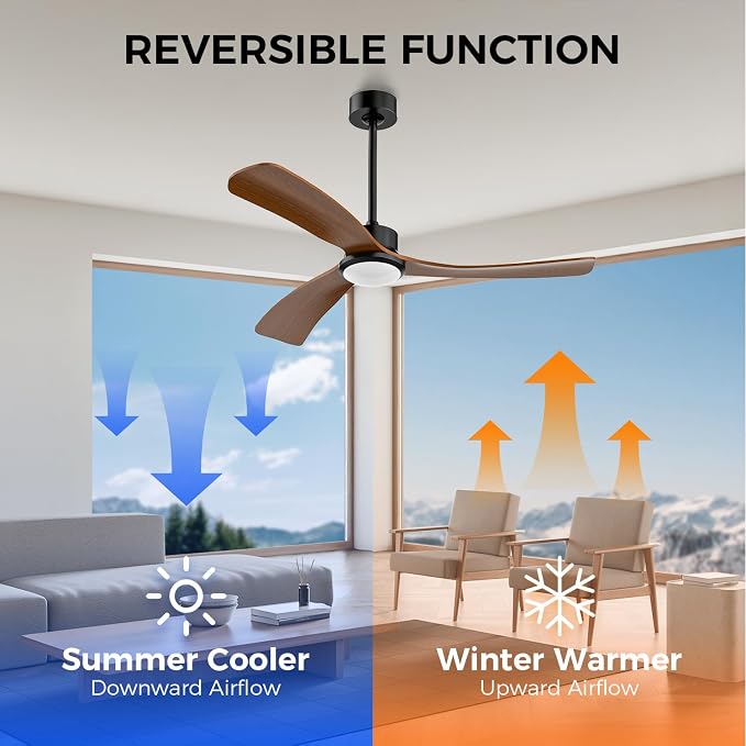 Obabala 52 Inch Ceiling Fan with Light and Remote,Solid Wood Blades, DC Motor Quiet 35dB, Dimmable LED Reversible for Bedroom Living Room Indoor Outdoor, 6 Speed Timer Downrod