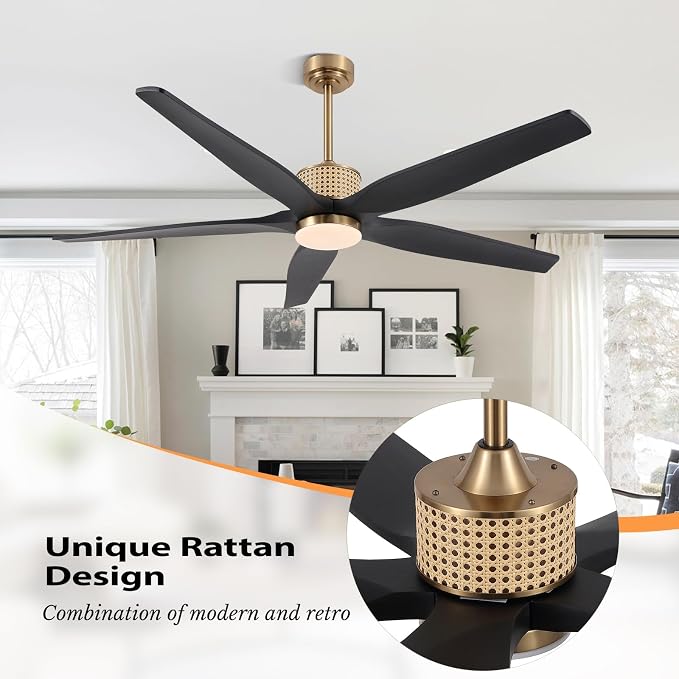 LEDLUX 60" Ceiling Fan with Light – Remote Control, Solid Wood, 6-Speed, Quiet Reversible DC Motor, Black/Gold Finish, 4.5"/12" Downrods, Noiseless Large Ceiling Fan for Bedroom, Living Room, Porch