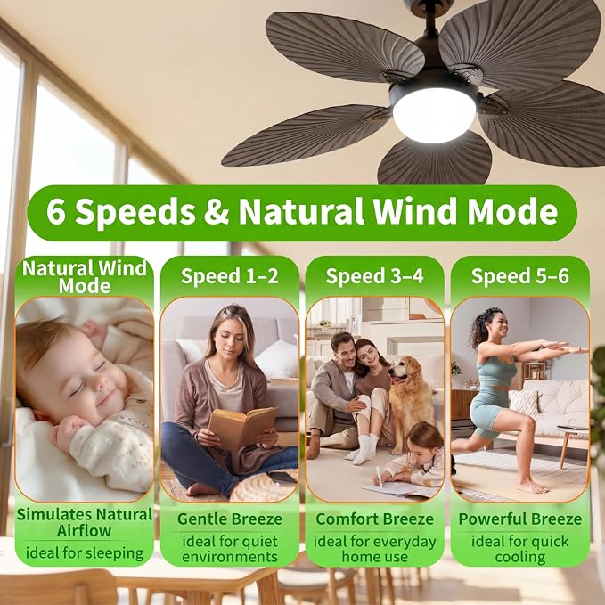 52" Modern Tropical Ceiling Fan with Light and Remote for Bedroom | LED Dimmable Tri-Color Temperature, 5 Blade Ceiling Fans Reversible, 6 Speeds w/Quiet DC Motor, living room, bedroom, kitchen