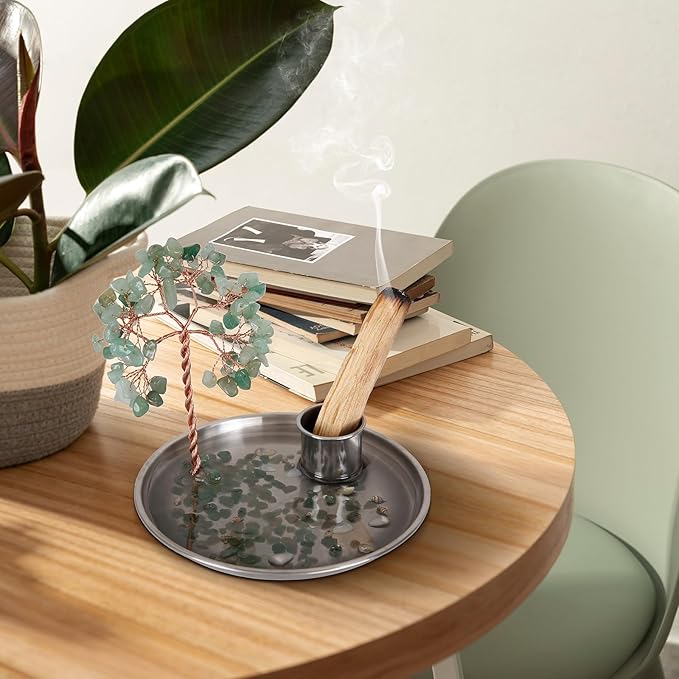 Incense Holder for Sticks, Anti-Ash Flying Incense Burner with Gemstone Money Tree Home Living Room Decorations Office Accessories for Women, Mothers Day Mom Gifts (Green Tree -14cm)