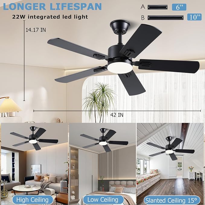 FUMLTP 42 inch Modern Ceiling Fans with Lights APP/Remote Control, Low Profile Reversible 6 Speeds Ceiling Fan Light for Indoor/Outdoor Patio Bedroom Living Room,Black