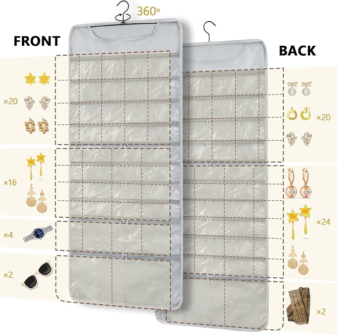 Hanging Jewelry Organizer Storage with 88 Zippered Pockets, Dustproof Foldable for Travel, Double-Sided Accessories Organizer Holder for Earrings Necklaces Rings on Closet Wall Door (Gray)