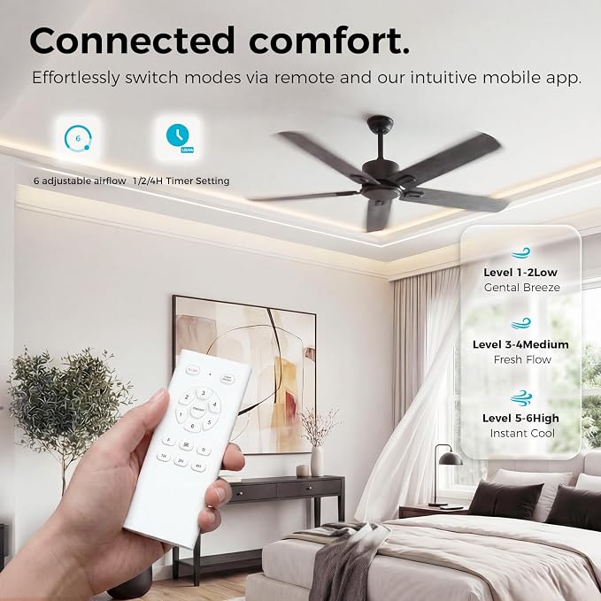 Obabala 52 Inch Ceiling Fan No Light, Modern Black Ceiling Fan Without Light with Remote & APP, Quiet Reversible DC Motor, 6-Speeds, for Living Room, Bedroom, Patio