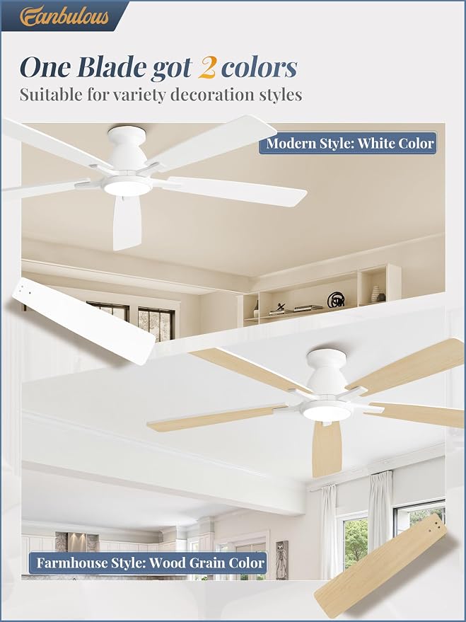 Fanbulous 60 inch Ceiling Fans with Lights, Smart Flush Mount Ceiling Fan and Remote APP, Modern Low Profile, 3CCT 20W LED with 6-Speeds Quiet Reversible Motor for Bedroom, Living Room, Kitchen, White