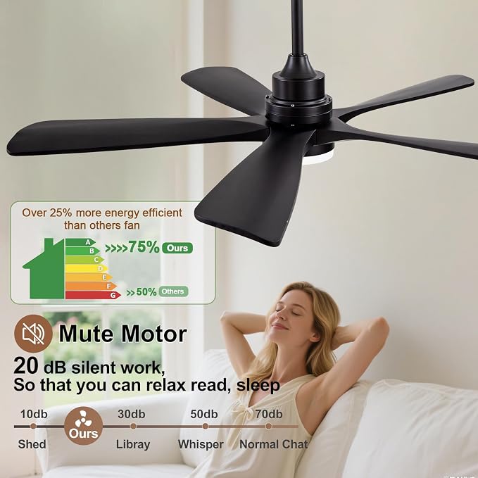 52 Inch Solid Wood Ceiling Fans with Lights, Black Ceiling Fan with Light, Modern Indoor Outdoor Ceiling Fan with Remote for Patio Living Room Bedroom