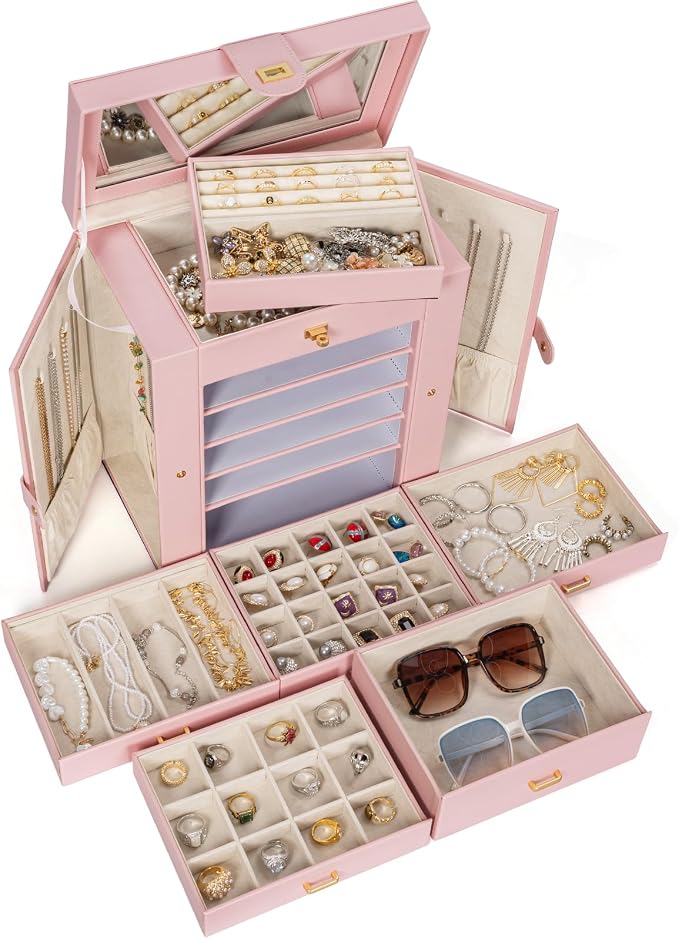 AKOZLIN 6-Tier Jewelry Box Organizer Functional 5 Drawers Leather Jewelry Storage Case for Women Girls Ring Necklace Earring Bracelet Holder Organizer with Mirror Extra Large Champagne Pink