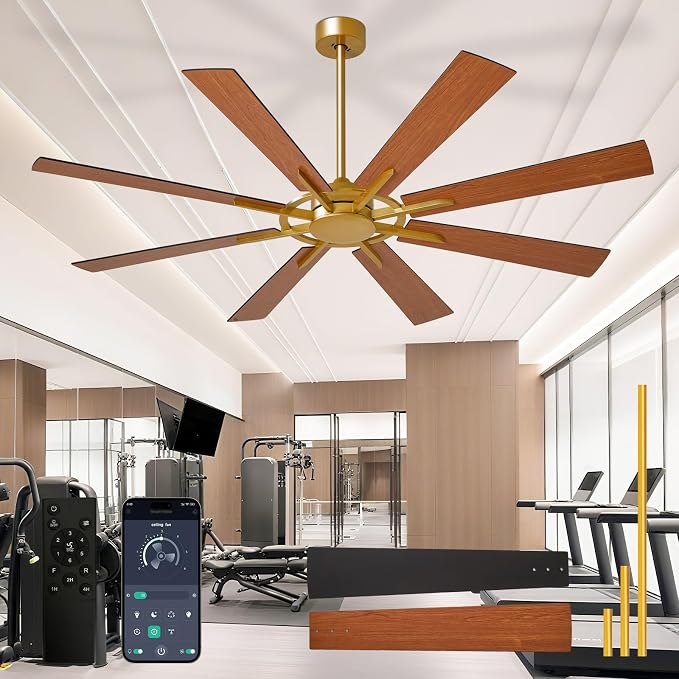 Large Ceiling Fan No Light: Modern 66 Inch 8 Blade Outdoor Ceiling Fans with Remote APP Control - Black Gold Big Fan without Light Indoor Reversible 6 Speed Quiet DC Motor