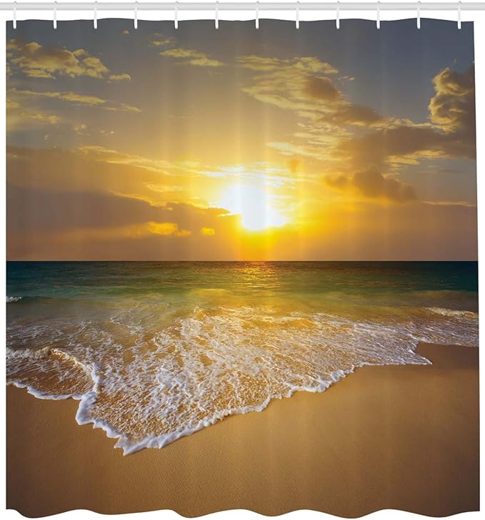 Ambesonne Ocean Decor Shower Curtain, Long Thin Calm Spumous Sea Waves Covers Sandy Beach at a Mystic Sunset View, Polyester Fabric Bathroom Set with Hooks, 69" W X 70" L, Brown Yellow