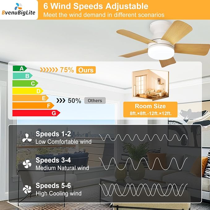 Ceiling fans with lights and Remote: 25 Inch Ceiling Fan with Light Low Profile - Flush Mount Ceiling Fan 5 Blades Reversible 3CCT Dimmable Noiseless for Bedroom (White& Wood Grain)