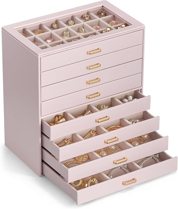 Lolalet Earring Organizer, Jewelry Box with Clear Lid -Pink, 8 Layer | PU Leather, Velvet, Removable Dividers, Dustproof, Easy Clean, For Studs Rings, Gift for Women Girls, Home Aesthetic Decor
