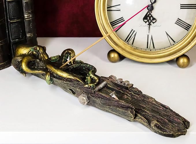 Ebros Nautical Ocean Marine Octopus On Castaway Shipwreck Wooden Deck Incense Stick Burner Holder Resin Statue Sea Kraken Giant Octopuses Themed Decorative Figurine