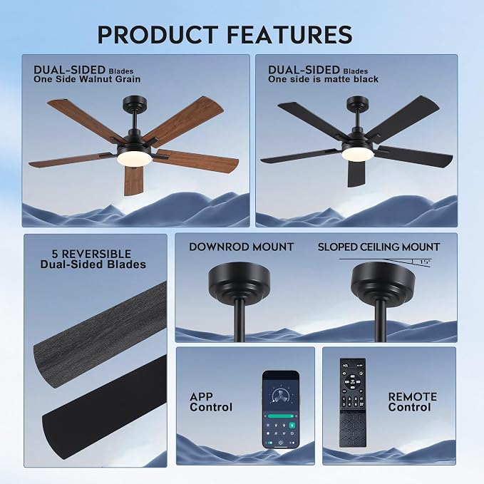 JSAITEE 52 Inch Smart Ceiling Fan with Lights, Remote & App Control, DC Reversible Motor, 6 Speeds Quiet 35dB, 3CCT Dimmable LED, Low Profile Modern Ceiling Fans for Bedroom Living Room, Brown