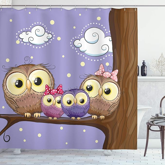 Ambesonne Bird Shower Curtain, Cartoon Style Owl Bird Family Mother Father Daughter Son Sitting on a Branch, Cloth Fabric Bathroom Decor Set with Hooks, 69" W x 84" L, Lavender and Brown
