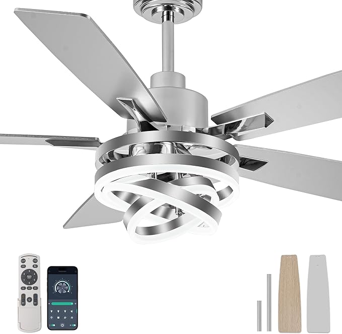 Bella Depot 52" Ceiling Fan with Light, Modern Sliver Chandelier Fan with Remote, Rustic Indoor Fandelier Fan with Silent DC Motor for Living Room Bedroom(Chrome)